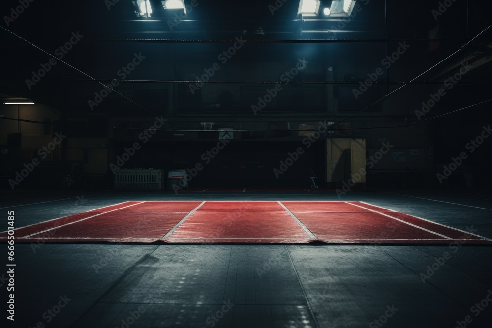 full shot straight on photo of a wrestling mat in an empty gym with low light  - obrazy, fototapety, plakaty 