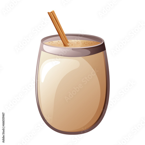 Glass of eggnog drink with cinnamon stick