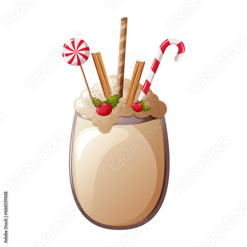Glass of eggnog drink with berries, cinnamon and lollipops