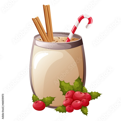 Glass of eggnog drink with cinnamon sticks, berries, green leaves and lollipop