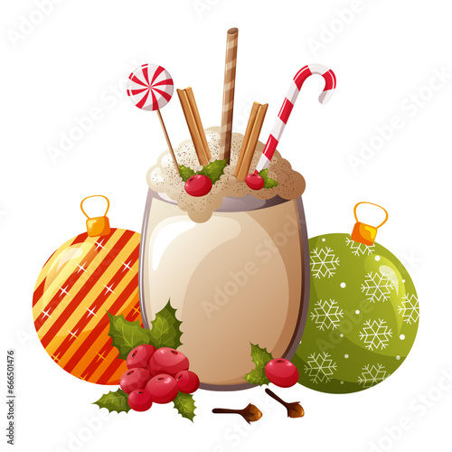 Glass of eggnog drink with christmas balls, berries, cloves, cinnamon and lollipops