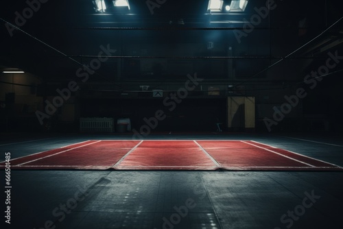 full shot straight on photo of a wrestling mat in an empty gym with low light  photo