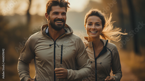 Portrait of a happy couple in sportswear looking at camera and smiling while running outdoors