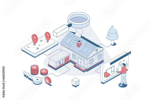 Real estate concept in 3d isometric design. Man researching architect blueprints, searching new home at housing market, buying property. Vector illustration with isometry people scene for web graphic