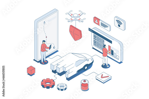 Smart car concept in 3d isometric design. Men managing electric car at mobile phone app, creating routes in online navigation map. Vector illustration with isometry people scene for web graphic