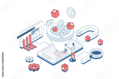 Social media funnel concept in 3d isometric design. Marketer attracting new audience and converting, using lead generations strategy. Vector illustration with isometry people scene for web graphic