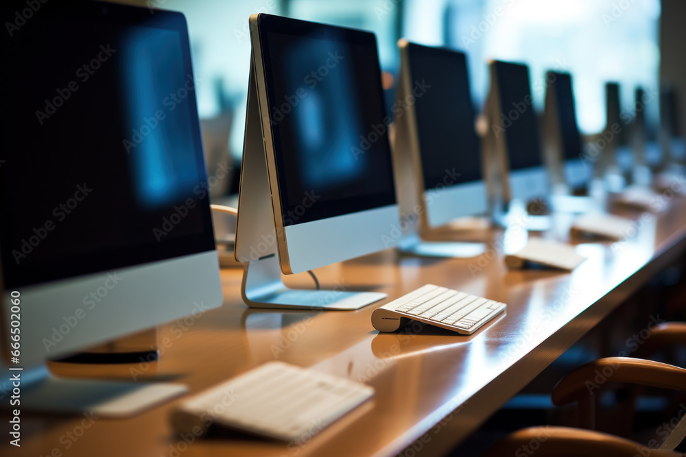 alignement d'ordinateur à écran plat dans des bureaux avec clavier et souris