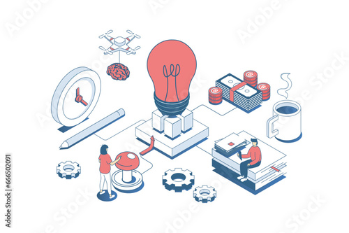 Startup concept in 3d isometric design. Business team brainstorming and creating new company, attracting investment for development. Vector illustration with isometry people scene for web graphic