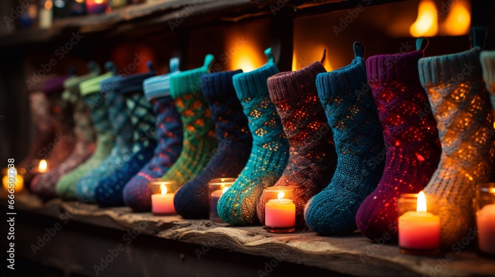 Cozy illustration of colored socks and candles standing on a wooden shelf. Wallpaper, background.