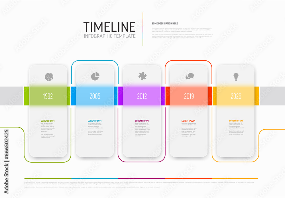 Five opaque light rounded rectangles horizontal timeline process infographic