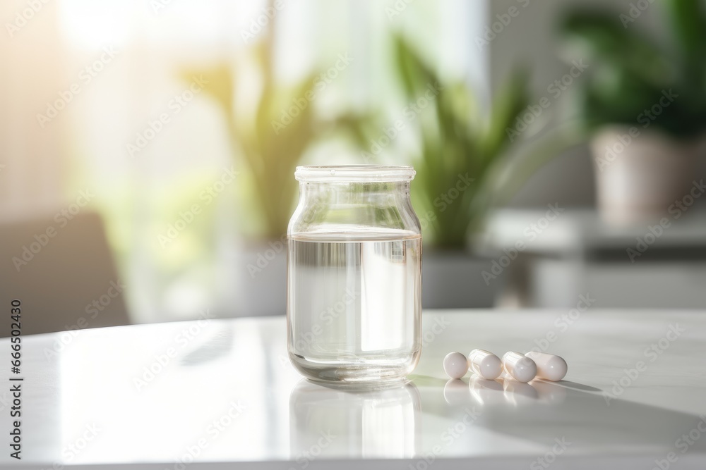 Glass of water and pill at home table. Medicine health drinking care vitamin capsule. Generate Ai Glass of water and pill at home table. Medicine health drinking care vitamin capsule. Generate Ai