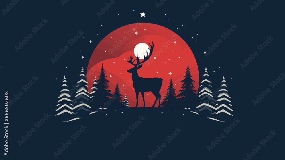 Cerf majestueux, roi de la forêt en hiver, sur lune rouge et fond nuit - obrazy, fototapety, plakaty 
