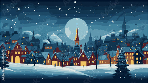 Paysage d'hiver avec village enneigé de nuit