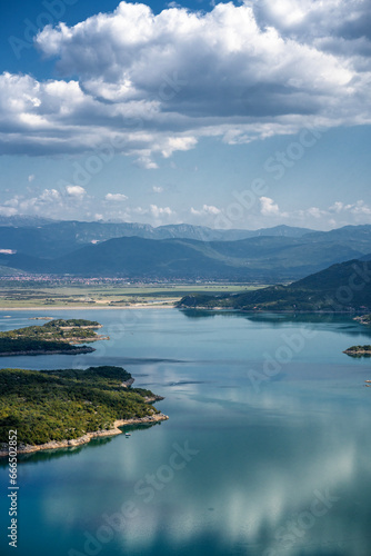 Aerial view of salt lake of Slano with islands in Montenegro.. Beautiful summer landscape © olezzo
