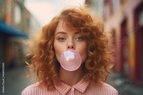 Beautiful young woman blowing bubble gum. Outdoor street city walking. Generate Ai