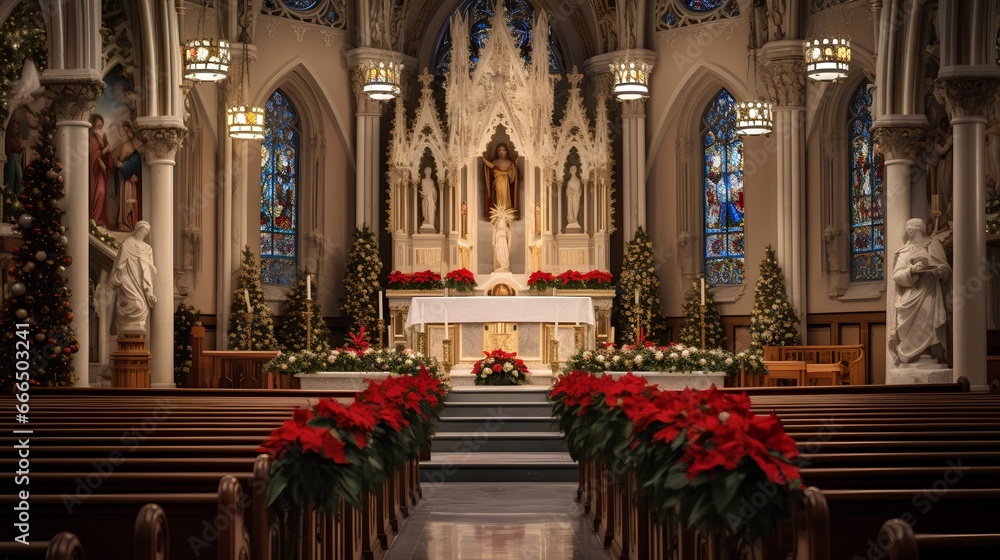 Beautiful decorated church during the festive Christmas season. Ornate religious symbols in Catholic or Lutheran cathedral. Altar and isle with winter decorations to celebrate birth of Jesus.