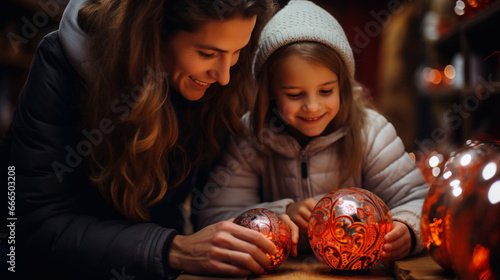 Festive winter portrait of a smiling mother and her daughter with Christmas balls. Merry Christmas and Happy New Year. Wallpaper, illustration, background.