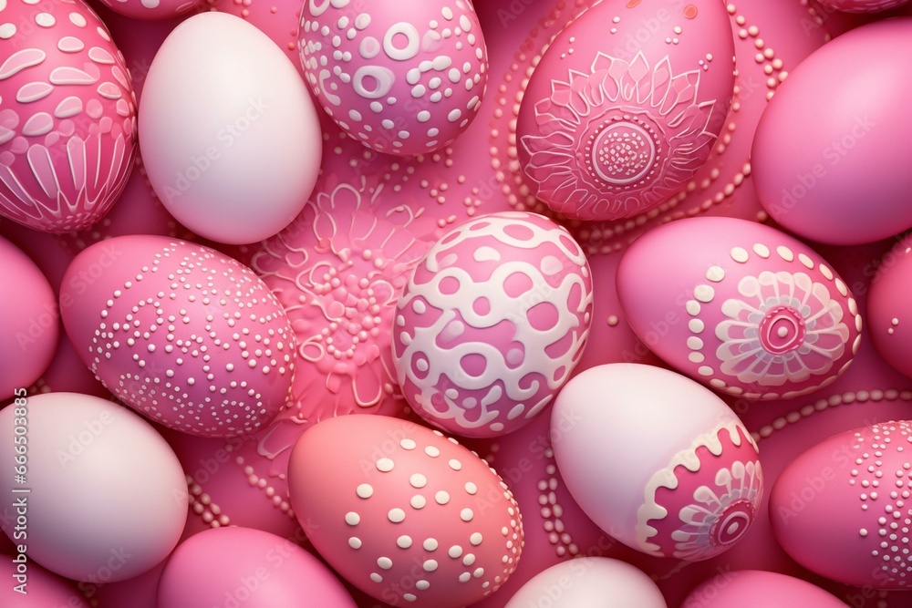 Multicolored background with beautiful pink eggs featuring circle and ring patterns. Generative AI