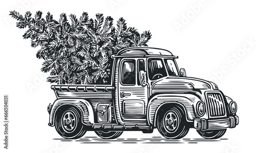 Hand drawn retro farm truck with Christmas tree. Sketch vintage vector illustration engraving style
