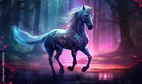 celestial magical horse galloping in magical forest  Generative Ai