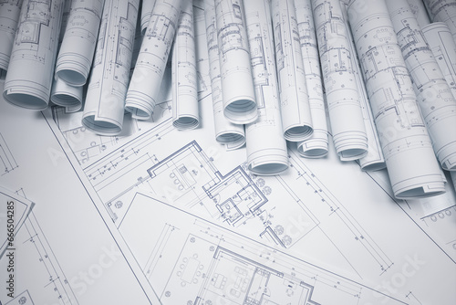 White architectural blueprints. Building plans and construction design concepts.