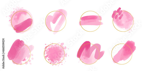 Watercolor frame. Pink brush strokes, golden round figures, splash texture. Pink pastel colors. Wedding, valentine or birthday cards decor. Abstract paint stains. Decorative vector set