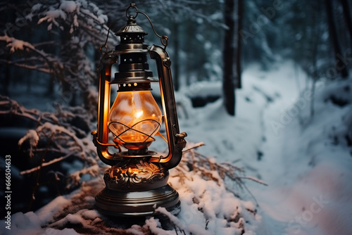 Lantern with burning candle in snowy forest. Vintage style.