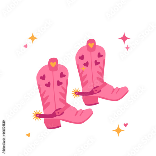 Barbiecore pink cowboy boots. Wild West fashion style vector for invitation, wrapping paper, packaging etc.