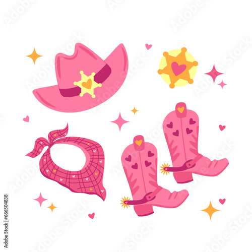 Barbiecore cowgirl fashion elements set. Cowgirl boots, hat, cowboy boots. Wild West fashion style vector for invitation, wrapping paper, packaging etc. photo