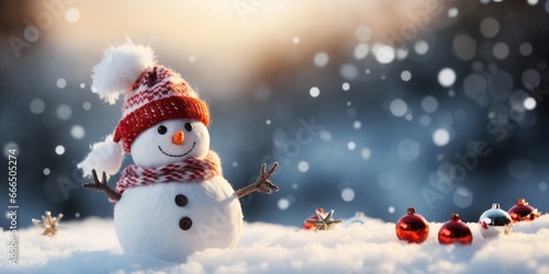 Snowman with a Santa hat,close up,empty space. Generative AI. © Dusit