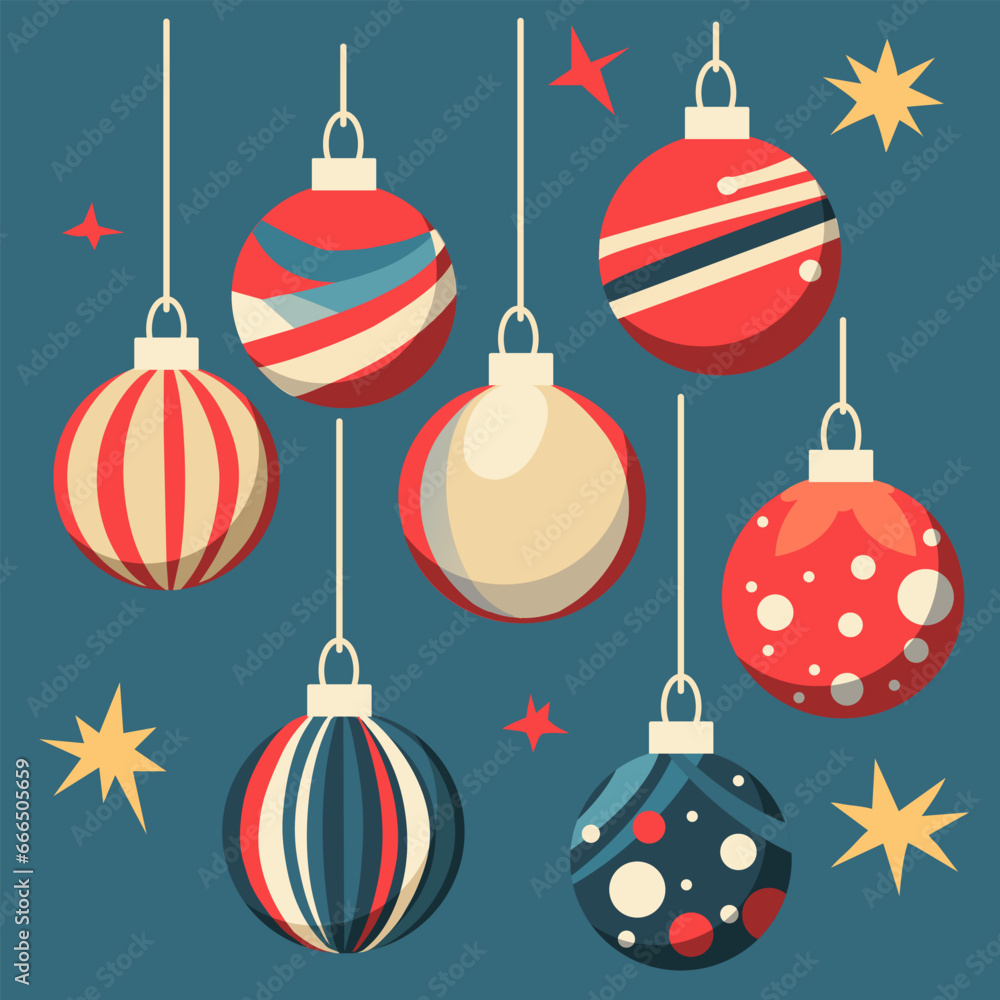 Set of Christmas flat balls is highlighted on a blue background. A festive Christmas toy for a Christmas tree. Vector illustration. Multicolored round balls in red, blue shades with stars Set of Christmas flat balls is highlighted on a blue background. A festive Christmas toy for a Christmas tree. Vector illustration. Multicolored round balls in red, blue shades with stars
