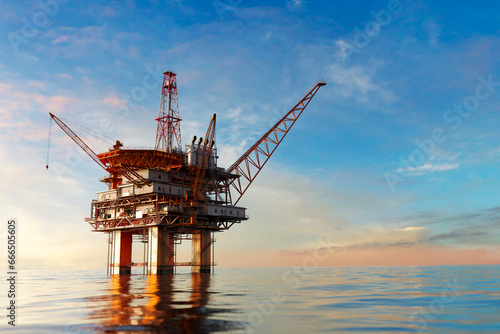 Offshore platform or oil rig in the open ocean producing natural gas for energy.