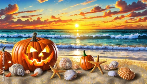 Halloween pumpkin on a beach 