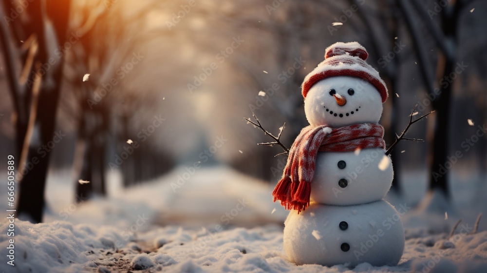 Christmas and New Year illustration with a happy snowman in a red hat and scarf standing in a snow landscape. Wallpaper, background, copy-space.