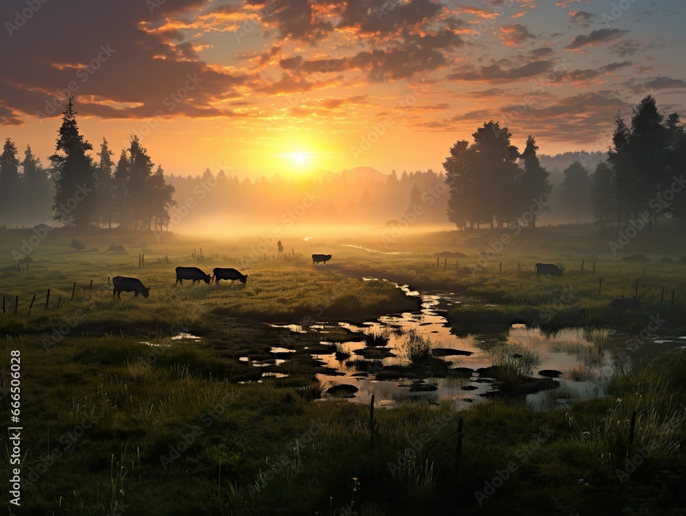 Morning mist envelopes grazing cows in a meadow as the sun rises hazily in the background