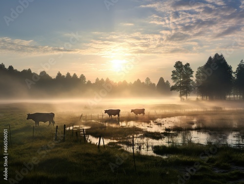 Morning mist envelopes grazing cows in a meadow as the sun rises hazily in the background photo