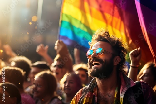 Young man with a rainbow flag on the background of the crowd. LGBT parade on the city street. Pride month concept. LGBTQIA+. Background with a copy space.
