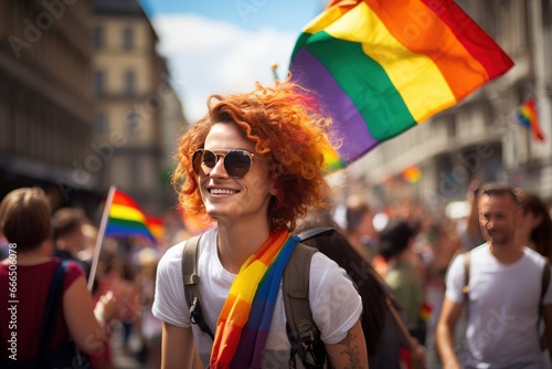 People take part in the gay pride parade. LGBT parade on the city street. Pride month concept. LGBTQIA+. Background with a copy space.