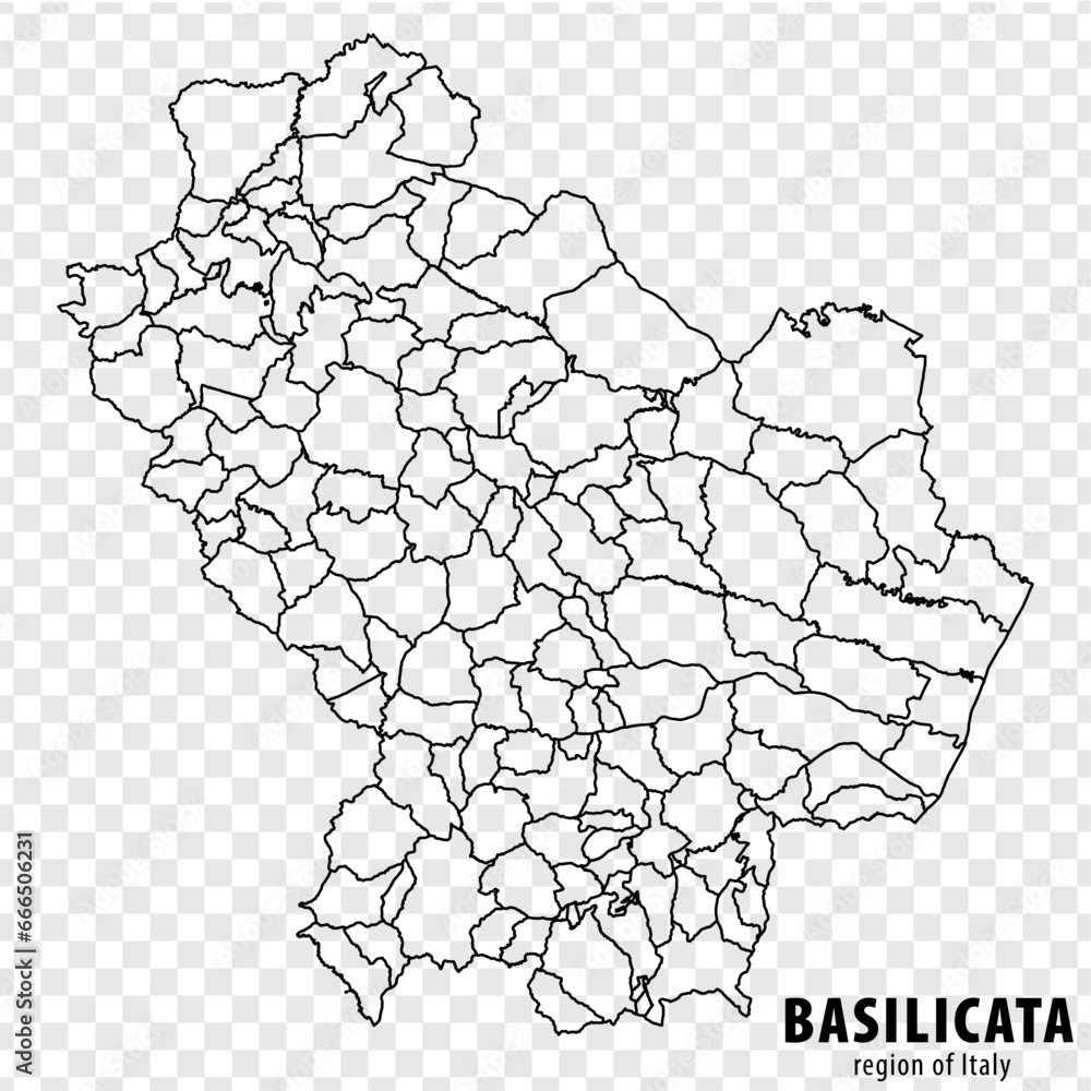 Blank map Basilicata of Italy. High quality map Region Basilicata with municipalities on transparent background for your web site design, logo, app, UI.  EPS10.