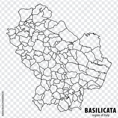 Blank map Basilicata of Italy. High quality map Region Basilicata with municipalities on transparent background for your web site design, logo, app, UI. EPS10.