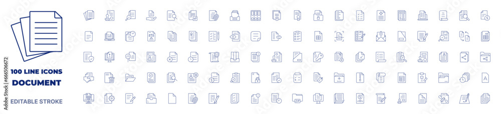 100 icons Document collection. Thin line icon. Editable stroke. Document icons for web and mobile app. - obrazy, fototapety, plakaty 