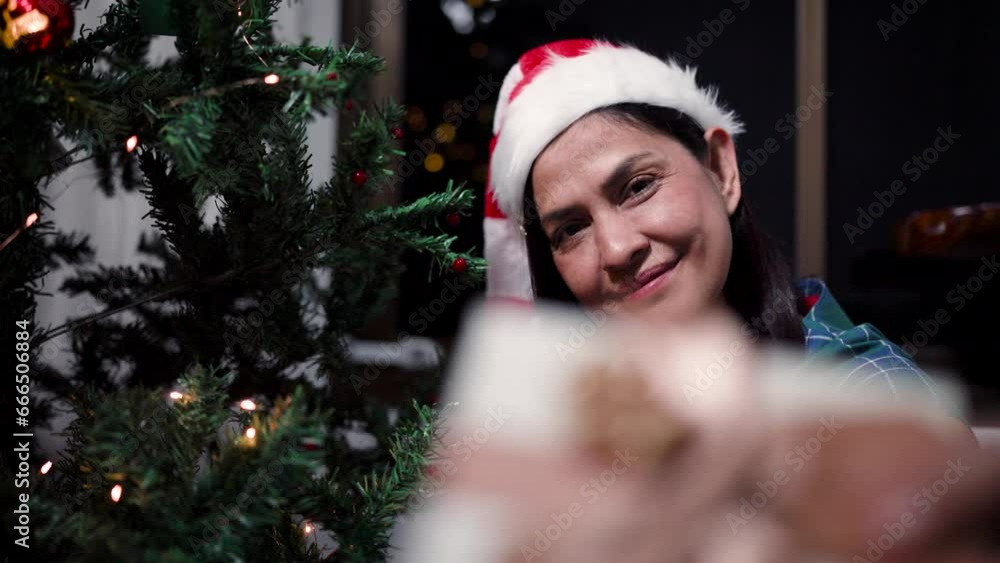 Woman standing in front of camera delivering gifts Woman standing in front of camera delivering gifts