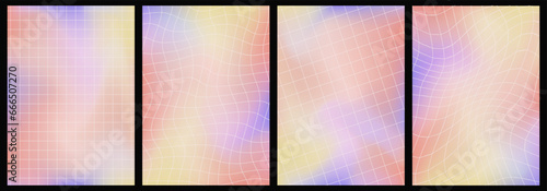 Retro blurred background set, liquid aura backdrops in Y2K aesthetic, abstract texture of defocused aura with distorted grids. Vector illustration.