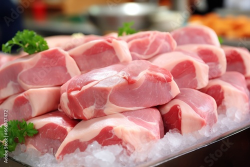 Close-up of Fresh Raw Pork Meat on Shop Counter - Perfect for Magazine Advertising