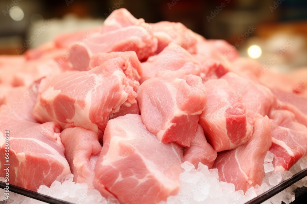Close-up of Fresh Raw Pork Meat on Shop Counter - Perfect for Eye-Catching Magazine Advertisements Close-up of Fresh Raw Pork Meat on Shop Counter - Perfect for Eye-Catching Magazine Advertisements