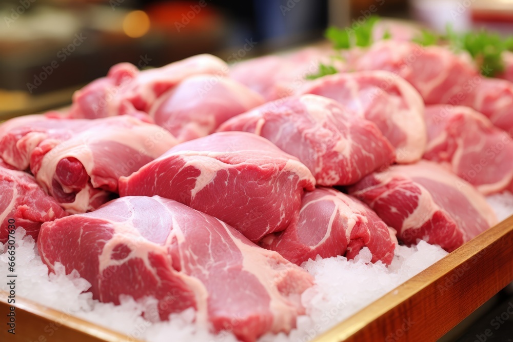 Close-up of Fresh Raw Pork Meat on Shop Counter - Perfect Image for Magazine Advertising