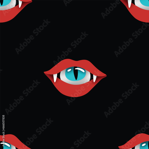 Seamless Pattern with Psyhodelical Print with Vampire Vibes, Eye in the Mouth. Surreal Design on Black. Pop Art Cartoon Style with Stains. Endless Texture. Vector 3d Illustration