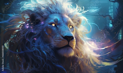 painting style illustration of spiritual lion in magic forest  Generative Ai