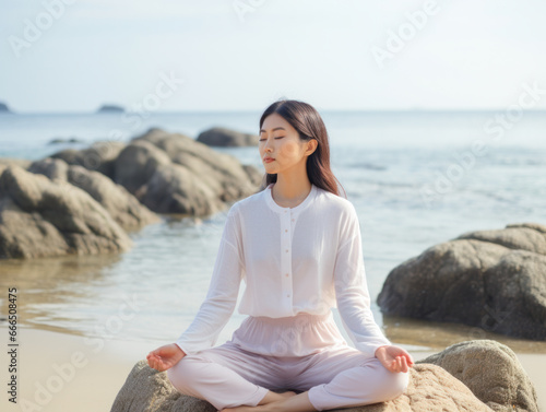young woman meditatiing on the beach
