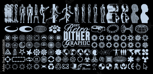 Retro futuristic abstract dither bitmap graphic elements. Pixel people with blur, 3D wireframe elements, gothic y2k sharp spikes with bones, universal shapes for creating poster. Vector set
